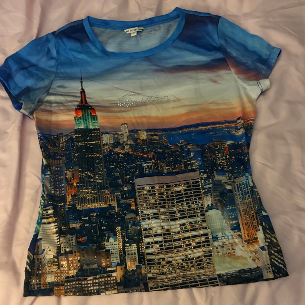 Guess Women's Cityscape Crewneck Tee - Blue Multi